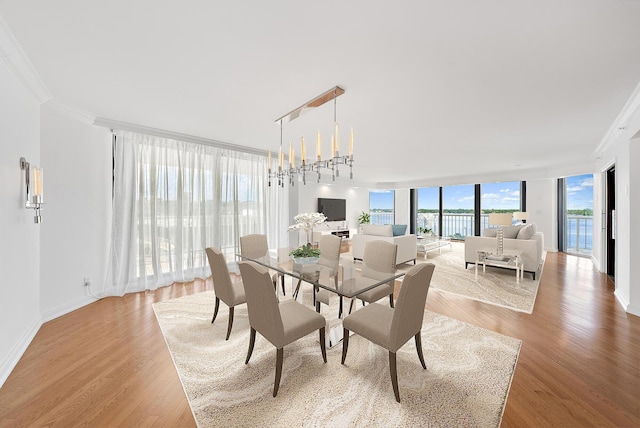 dining space featuring an inviting chandelier, floor to ceiling windows, light wood finished floors, and ornamental molding