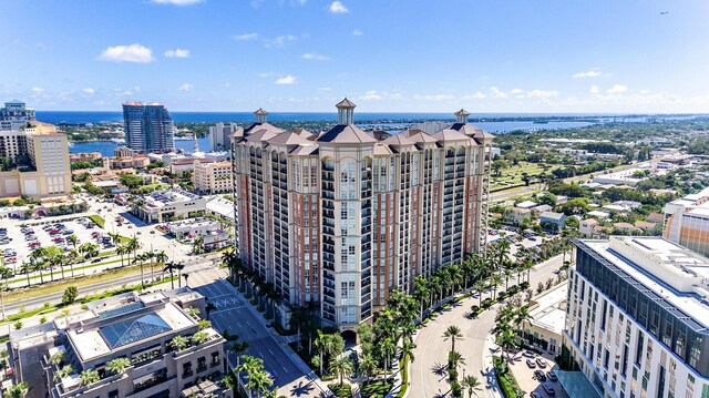 drone / aerial view with a water view