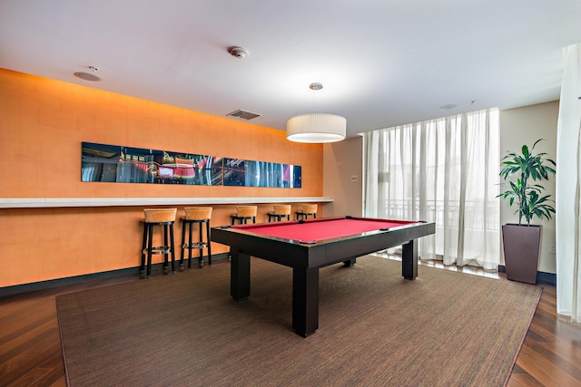 playroom with pool table, dark wood finished floors, and visible vents