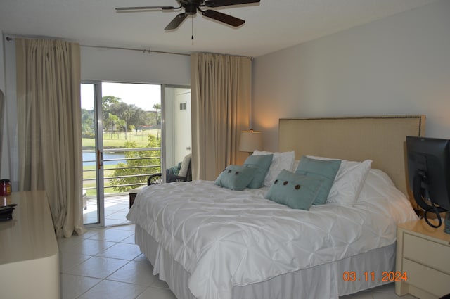 bedroom featuring ceiling fan, access to outside, and light tile patterned floors