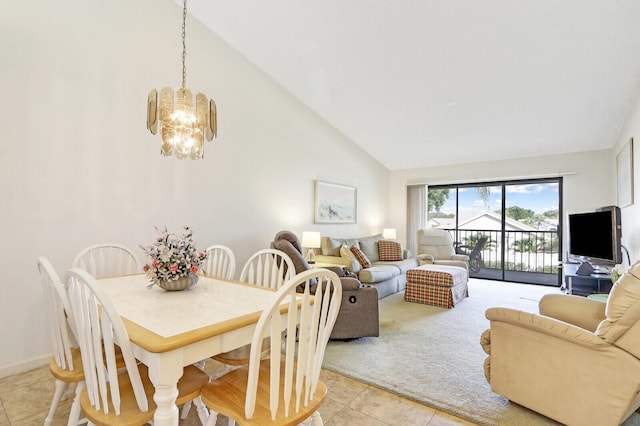 tiled dining area with a notable chandelier and high vaulted ceiling