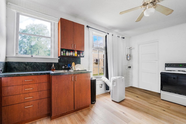 kitchen with light hardwood / wood-style flooring, tasteful backsplash, electric stove, and plenty of natural light