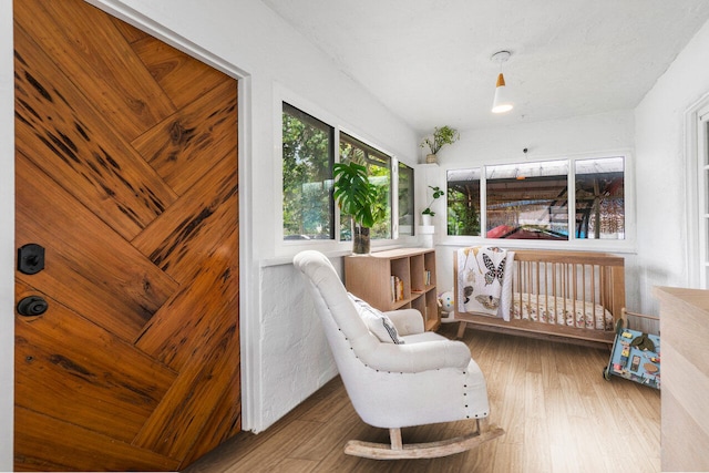 bedroom with hardwood / wood-style flooring and a nursery area