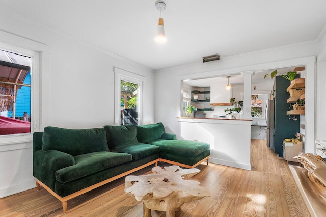 living room with ornamental molding, french doors, light hardwood / wood-style floors, and plenty of natural light