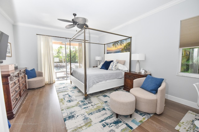 bedroom featuring crown molding, access to exterior, hardwood / wood-style flooring, and ceiling fan