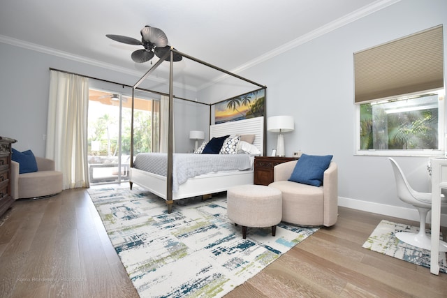 bedroom with crown molding, access to exterior, light wood-type flooring, and ceiling fan