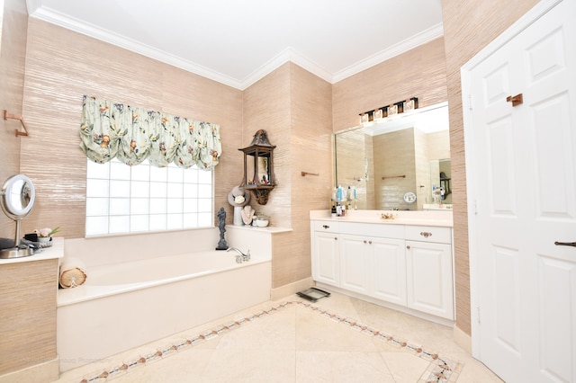 bathroom with vanity, crown molding, tile patterned floors, and shower with separate bathtub