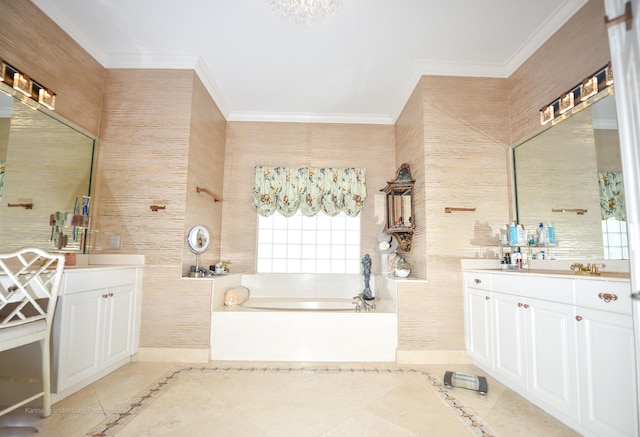 bathroom featuring vanity, a tub, crown molding, and tile patterned floors