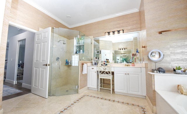 bathroom featuring vanity, crown molding, shower with separate bathtub, and tile patterned flooring