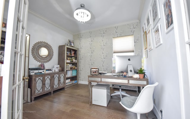 office with dark wood-type flooring and crown molding