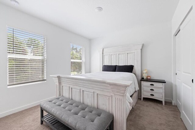 bedroom with light carpet and a closet