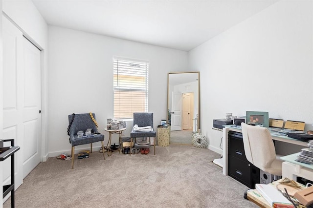 home office featuring light carpet