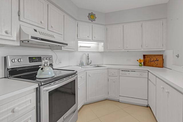 kitchen featuring dishwasher, sink, stainless steel electric stove, white cabinets, and range hood