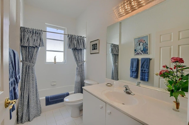 full bathroom with tile patterned floors, shower / bath combination with curtain, toilet, and vanity