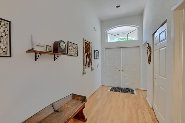 doorway to outside featuring a towering ceiling and light hardwood / wood-style floors