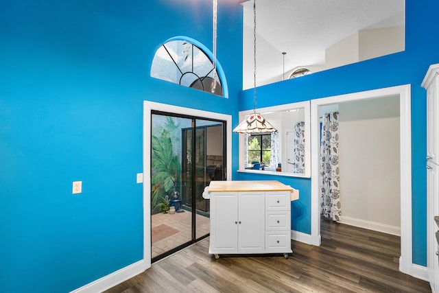 interior space featuring a textured ceiling, wood-type flooring, high vaulted ceiling, and plenty of natural light