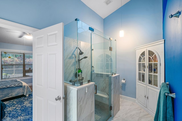 bathroom with a shower with shower door