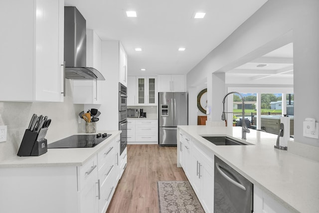 kitchen with white cabinets, wall chimney exhaust hood, appliances with stainless steel finishes, glass insert cabinets, and a sink