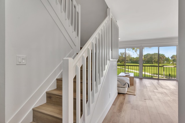 staircase with hardwood / wood-style flooring