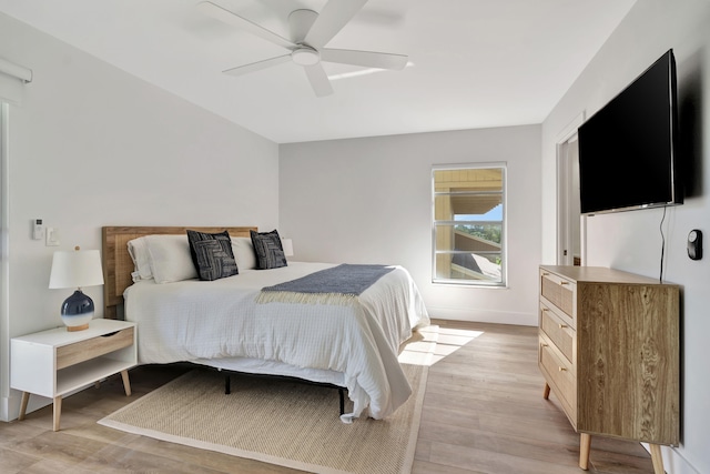 bedroom with ceiling fan and light wood-type flooring