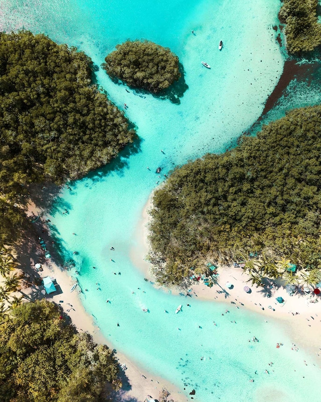 birds eye view of property with a water view and a beach view