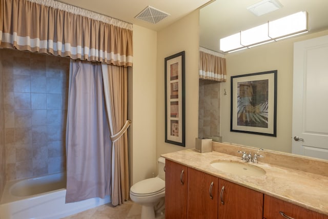 full bathroom with toilet, vanity, and shower / bath combination with curtain