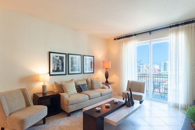 living room featuring light tile patterned floors