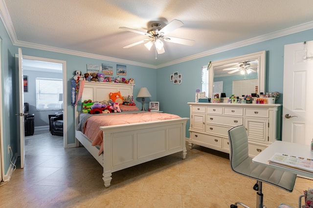 bedroom featuring ceiling fan, crown molding, a textured ceiling, and light tile patterned flooring