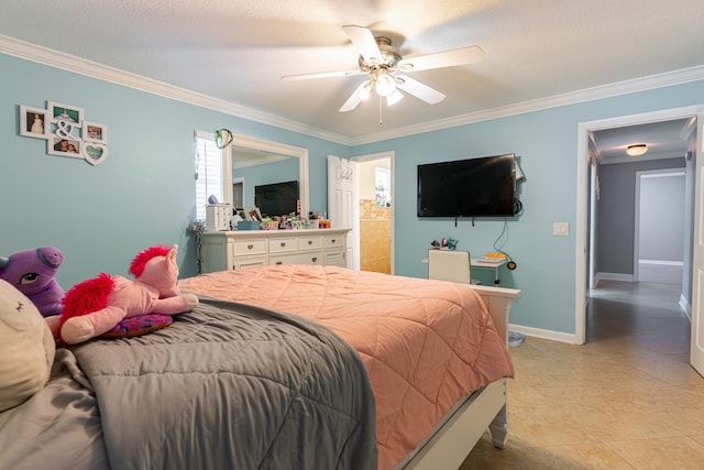 tiled bedroom with crown molding, a textured ceiling, and ceiling fan