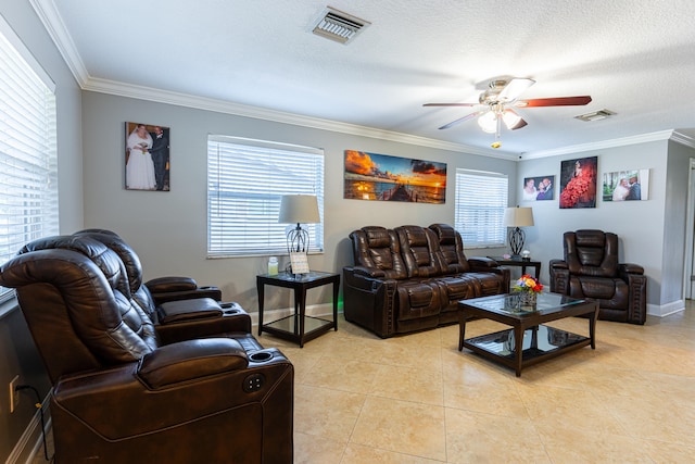 tiled living room featuring crown molding, a textured ceiling, and ceiling fan