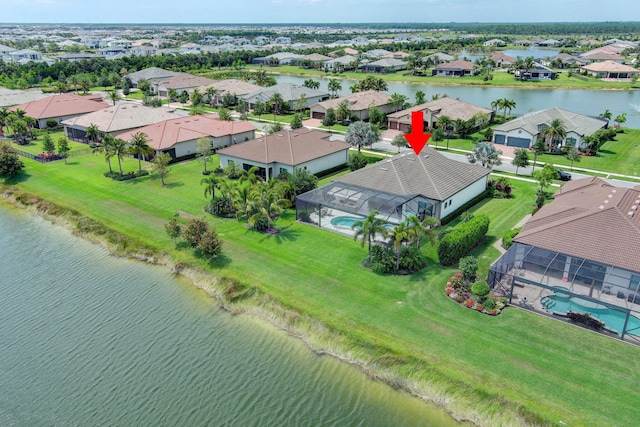 aerial view featuring a water view