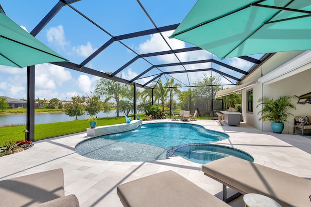 view of swimming pool featuring a patio area, an in ground hot tub, a water view, and glass enclosure