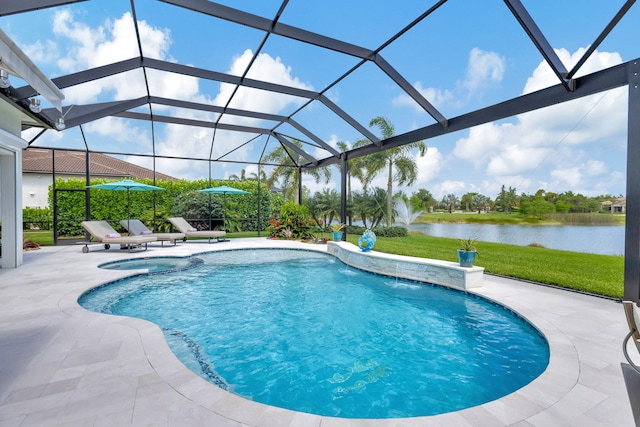 view of swimming pool featuring a water view, a patio, pool water feature, and glass enclosure