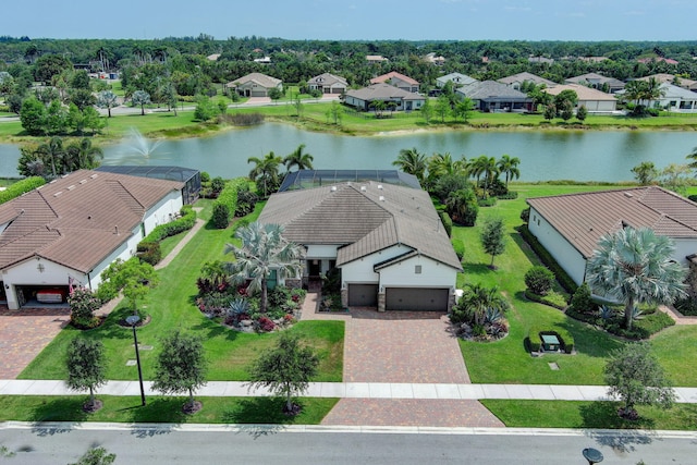 bird's eye view with a water view