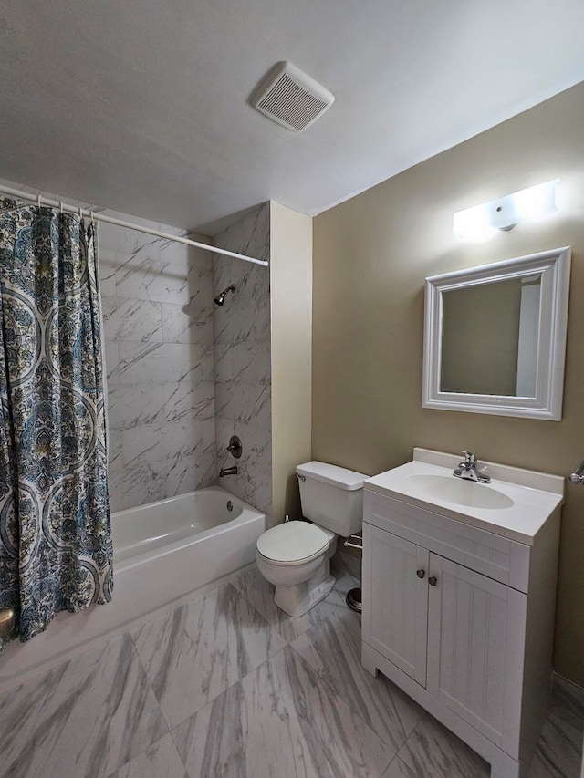 full bathroom with toilet, shower / bath combo, and vanity