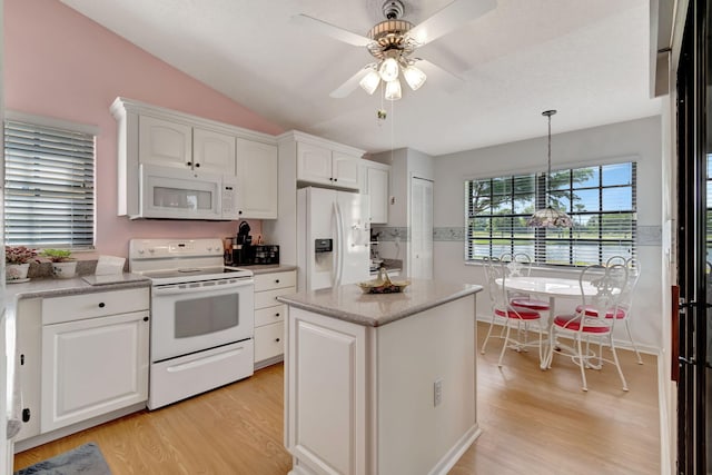 kitchen with lofted ceiling, ceiling fan, white cabinetry, light wood-type flooring, and white appliances