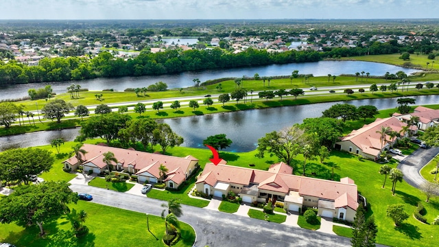 aerial view featuring a water view