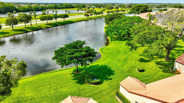 aerial view featuring a water view