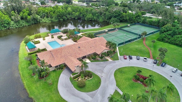 drone / aerial view with a water view