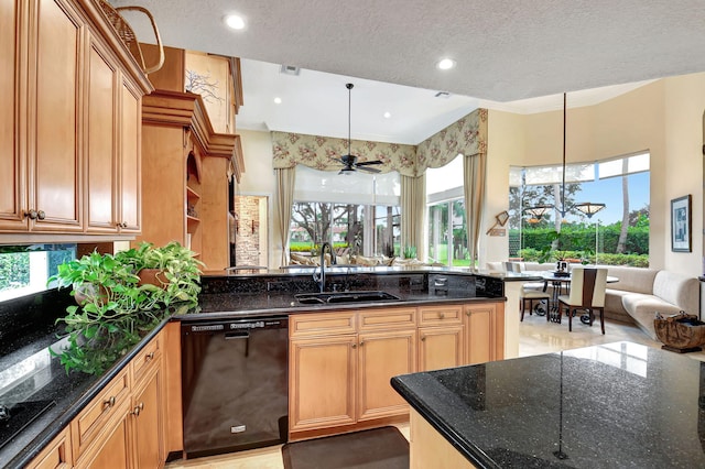 kitchen with a textured ceiling, black appliances, and a wealth of natural light