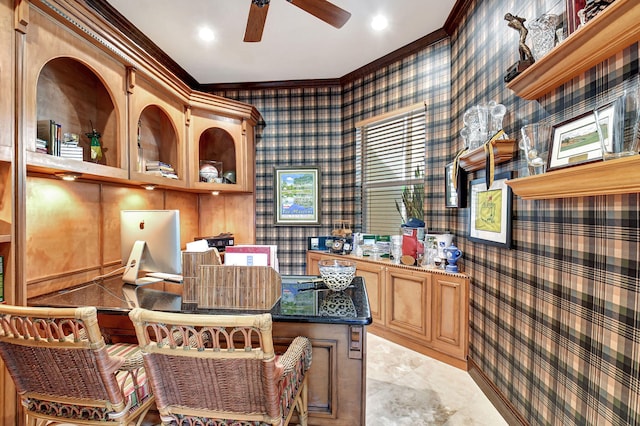 interior space with crown molding and ceiling fan