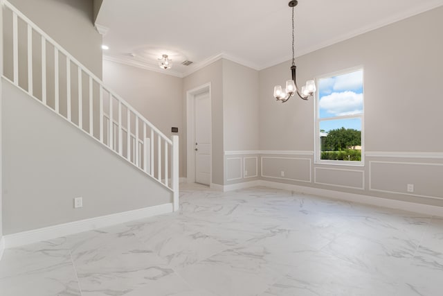 interior space with a notable chandelier and ornamental molding