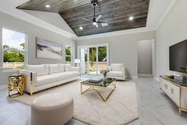 living room with wooden ceiling, ornamental molding, high vaulted ceiling, and ceiling fan