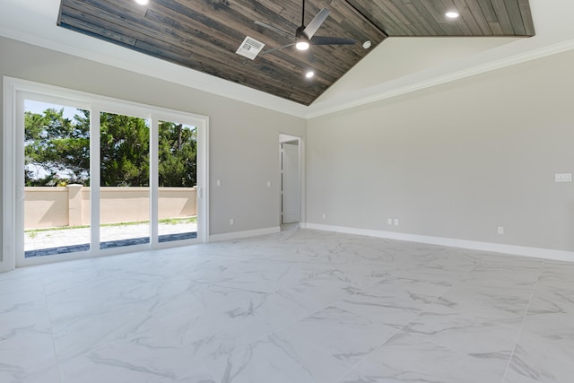 spare room with crown molding, wood ceiling, high vaulted ceiling, and ceiling fan