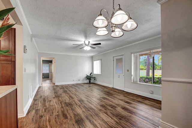 interior space with ceiling fan with notable chandelier, a textured ceiling, ornamental molding, and dark hardwood / wood-style flooring