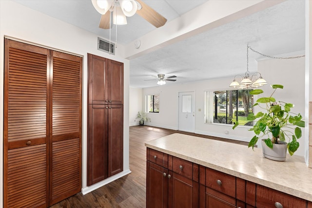 kitchen with ceiling fan with notable chandelier, pendant lighting, dark wood-type flooring, and a textured ceiling