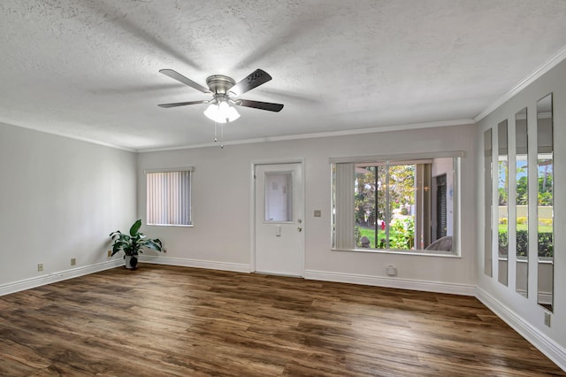 unfurnished room with ceiling fan, dark hardwood / wood-style flooring, crown molding, and a textured ceiling