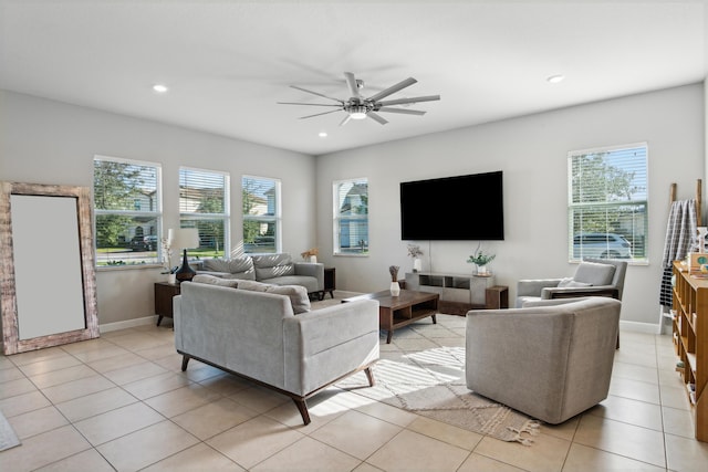 19535 Split Rail Run, Loxahatchee, FL 33470 - living area featuring plenty of natural light, a ceiling fan, recessed lighting, baseboards, and light tile patterned floors
