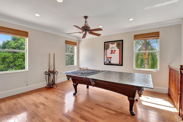 rec room featuring light hardwood / wood-style floors, billiards, and a wealth of natural light