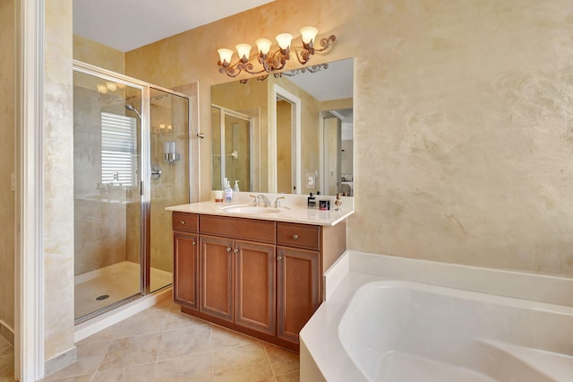 bathroom featuring vanity, separate shower and tub, and tile patterned floors